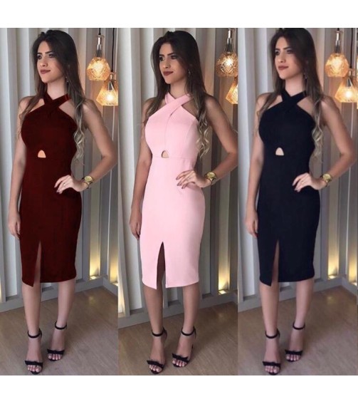 Çapraz Boyun Detaylı Kalem Elbise 0038