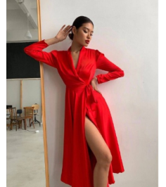 Kuşaklı Kruvaze Yaka Kırmızı Saten Elbise 0235