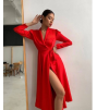 Kuşaklı Kruvaze Yaka Kırmızı Saten Elbise 0235